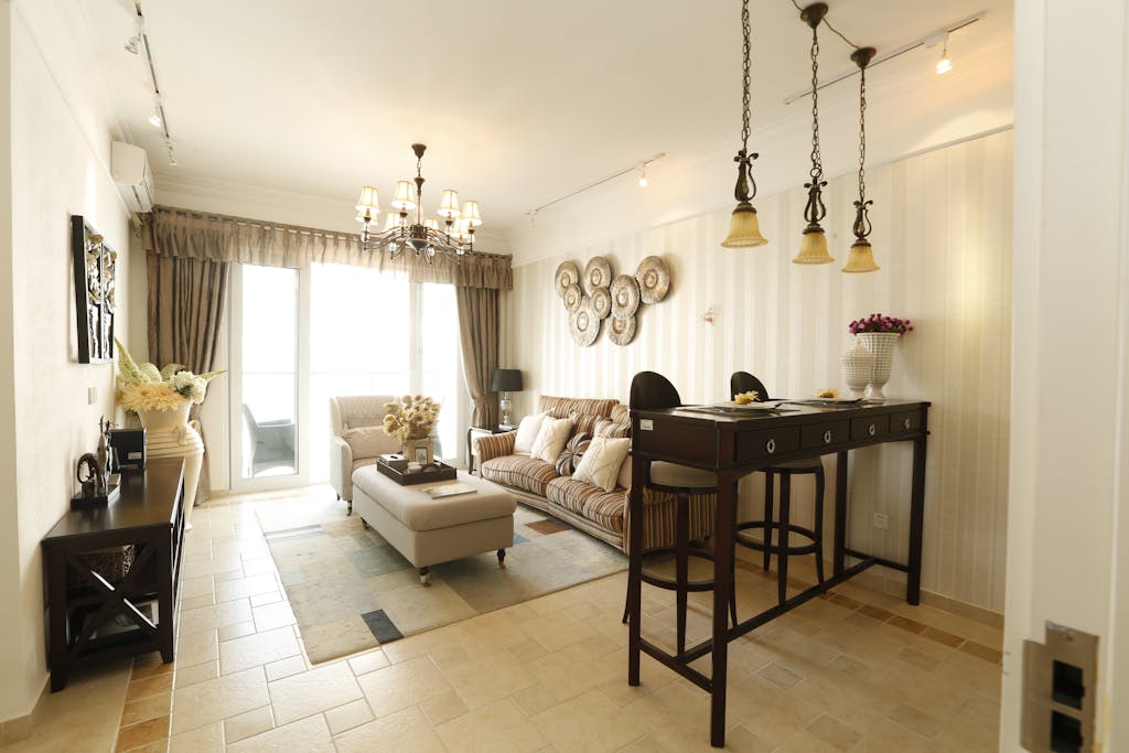 Explore this beautifully designed contemporary living room with modern furniture and elegant lighting.